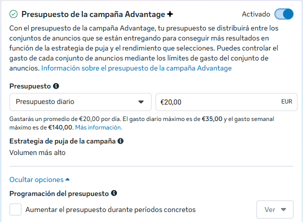 anuncios en facebook, Establecer el presupuesto y la estrategia de puja